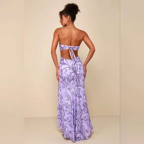Lulus Shimmering Icon Lavender Sequin Lace-Up Strapless Maxi Dress M Party Prom - Picture 5 of 12